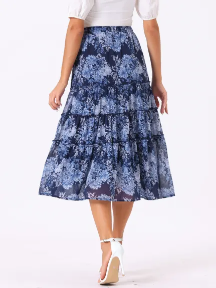 Allegra K- Floral Tiered A-Line Long Chiffon Skirts