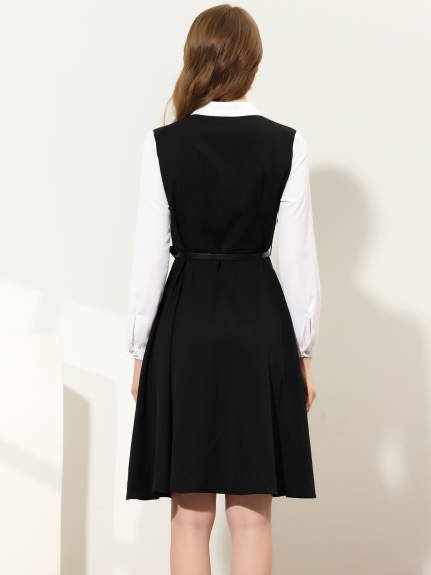 Allegra K- Button Front Dress Long Sleeve Contrast Collar Shirtdress