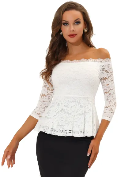 Allegra K- Floral Lace Off the Shoulder 3/4 Sleeve Peplum Top