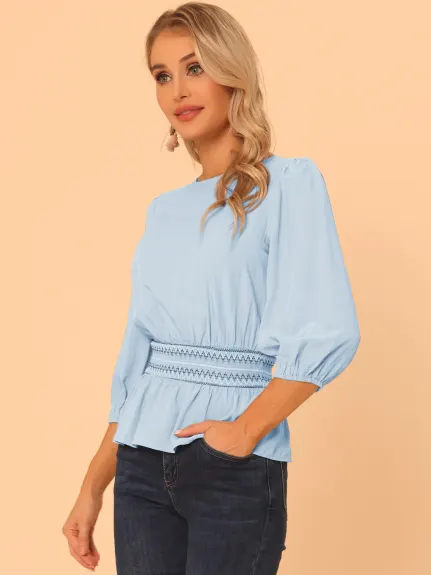 Allegra K- Peplum 3/4 Sleeve Smocked Waist Blouse