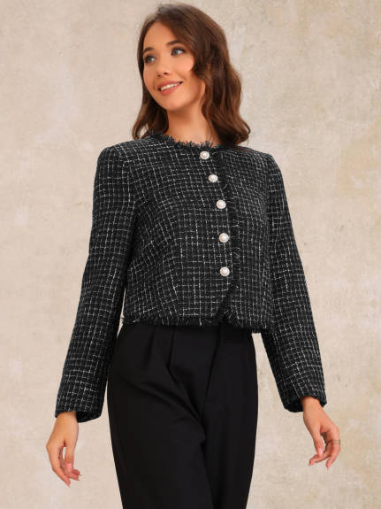 Allegra K - Crew Neck Cropped Plaid Tweed Blazer