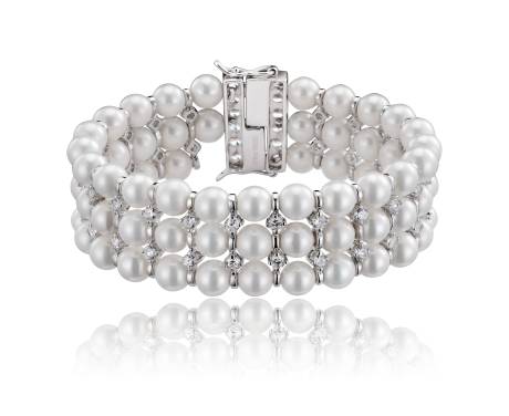 Genevive Sterling Silver White Gold Plated Cubic Zirconia 3 Row Pearl Bracelet