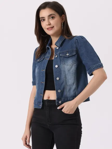 Allegra K- Short Button-Down Jean Denim Jacket