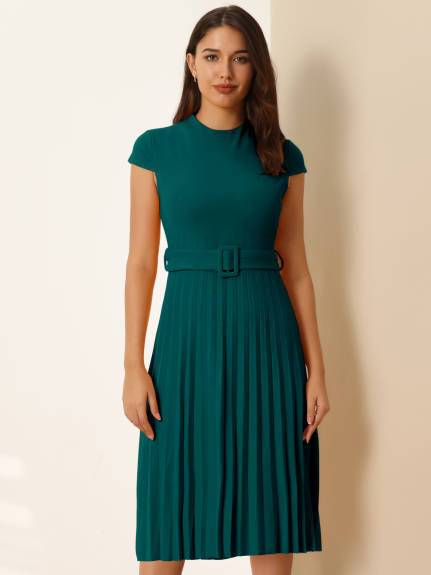 Hobemty- Mock Neck Belted A-Line Pleated Dress