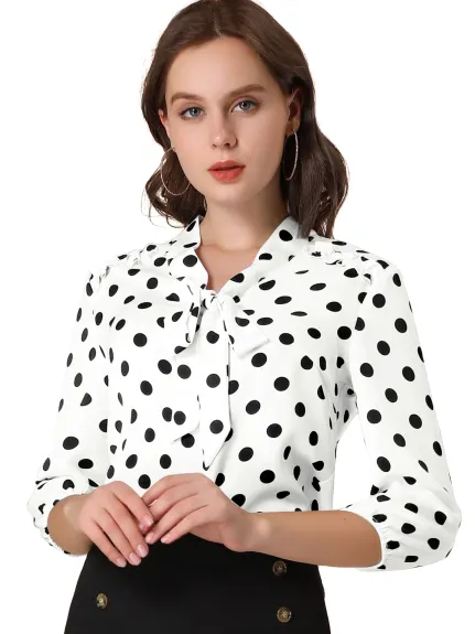 Allegra K- Polka Dots Ruffle Shoulder Bow Tie Neck Blouse