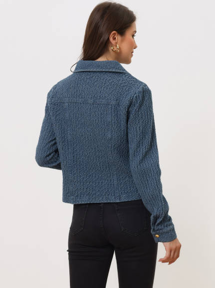 Allegra K- Collared Texture Washed Jean Jackets