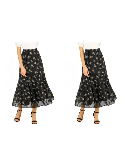 Allegra K- Floral Tiered Chiffon Skirt Pack, Black Combo 1