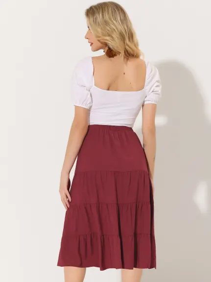 Allegra K- Elastic Waist Tiered A-Line Midi Skirt