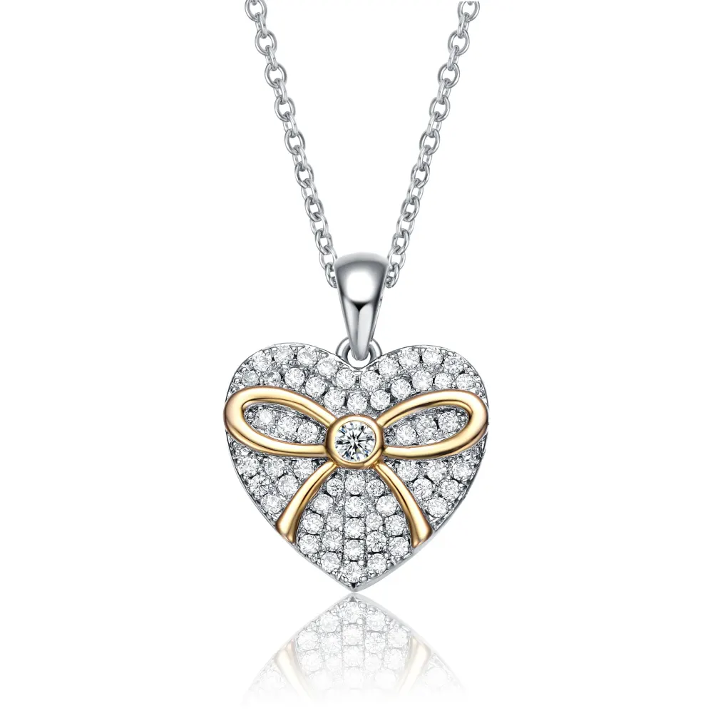 Genevive Sterling Silver Two Tone And Clear Cubic Zirconia Heart Necklace