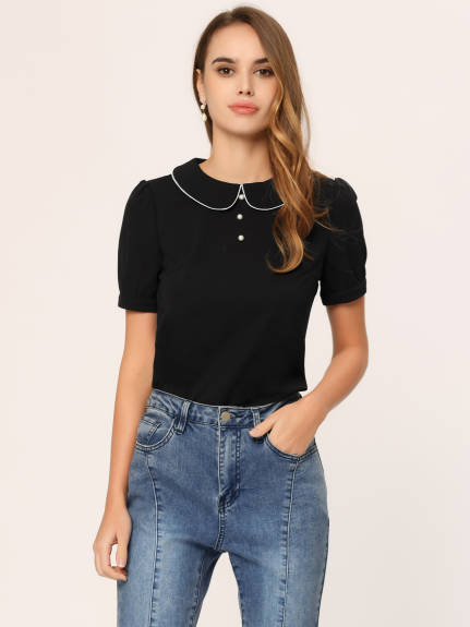 Allegra K- Peter Pan Collar Contrast Trim Puff Blouse