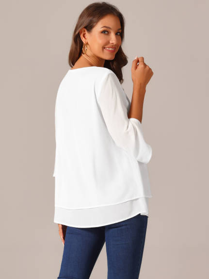 Allegra K - Casual Round Neck 3/4 Sleeve Chiffon Blouse