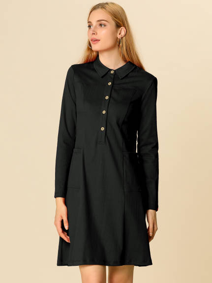 Allegra K- Half Placket Long Sleeve Belted Shirt Dress