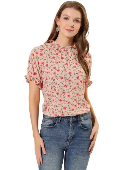 Allegra K- Floral Short Sleeve Ruffle Neck Blouse