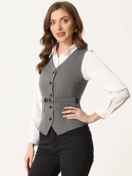 Allegra K- Button Up Belt V Neck Waistcoat