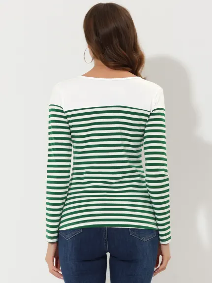 Allegra K- Striped T-Shirt Color Block Long Sleeve Round Neck