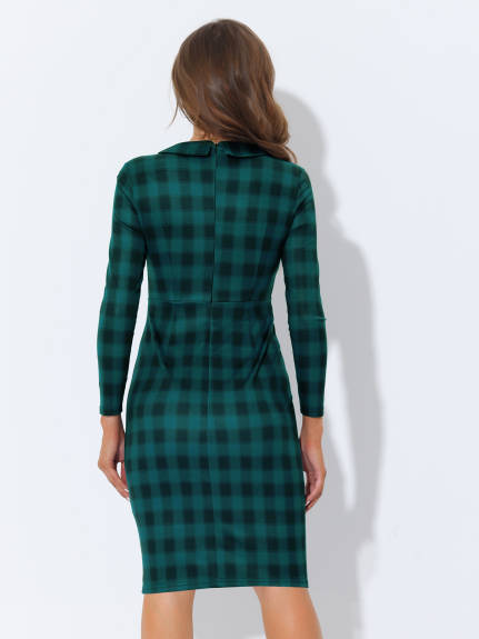 Allegra K- Peter Pan Collar Long Sleeve Gingham Bodycon Pencil Sheath Dress