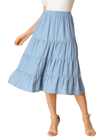 Allegra K- Elastic Waist Tiered A-Line Midi Skirt