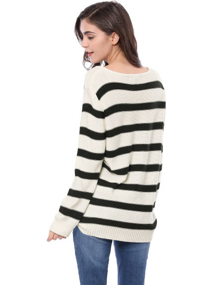 Allegra K- Round Neck Drop Shoulder Loose Striped Tunic Sweater