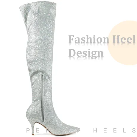 Allegra K - Glitter Pointed Toe Stiletto Heels Over the Knee Boots