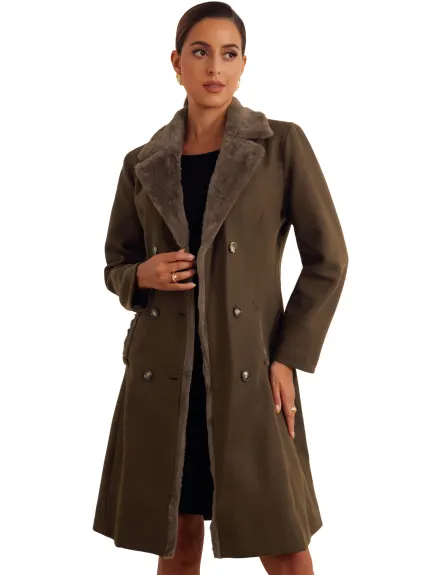 Allegra K - Faux Fur Collar Double Breasted Long Coat