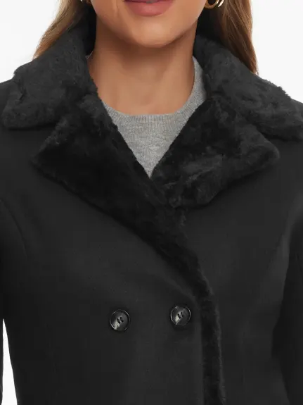 Allegra K - Faux Fur Collar Double Breasted Long Coat