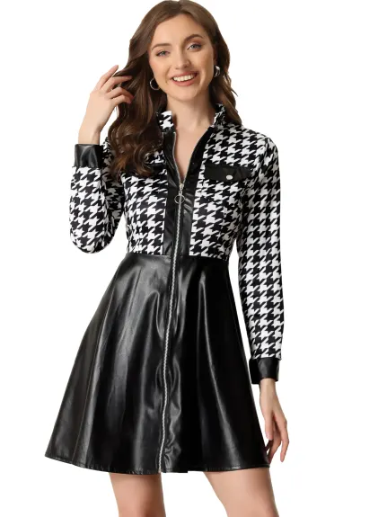 Allegra K - PU Houndstooth Patchwork Zipper Up Dress