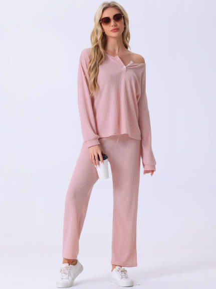 Cheibear - Waffle Knit Long Sleeve Pajama Set