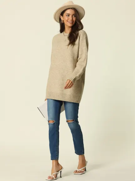 Allegra K- Round Neck Pullover Sweater with Pockets