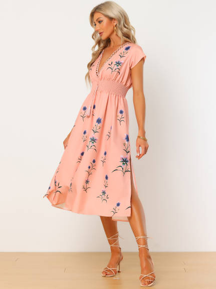 Allegra K- Deep V Neck Boho Floral Smocked Waist Midi Dress