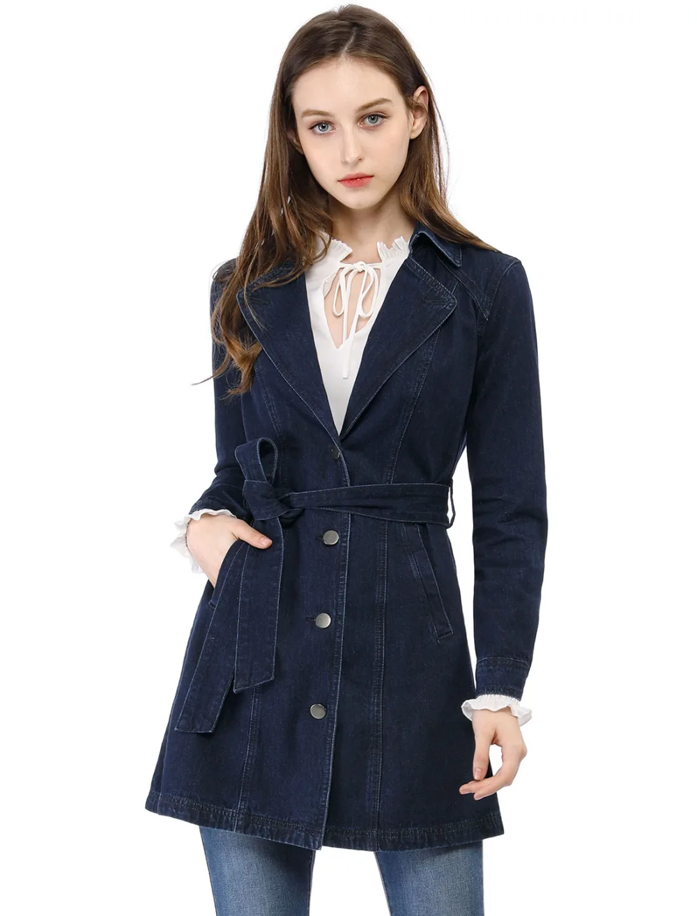 Allegra K- Notched Lapel Button Belted Long Denim Jacket