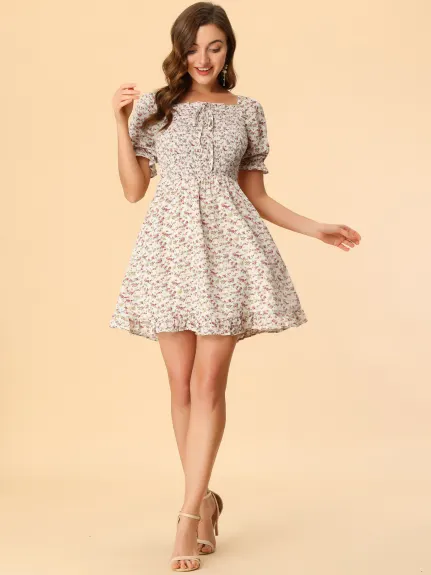 Allegra K- Puff Sleeve Square Neck Ruffled Hem Floral Smocked Dress