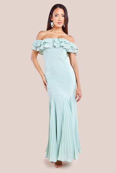 Goddiva - Frilled Off The Shoulder Pleated Chiffon Maxi Dress