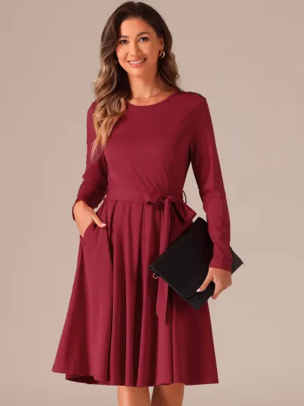 INSPIRE CHIC - Long Sleeve Tie Waist Pleated Business Dress