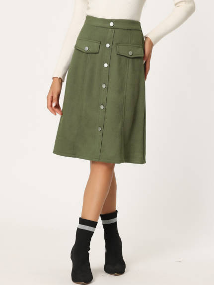 Allegra K- Suede Button Pockets Decor A-Line Skirt