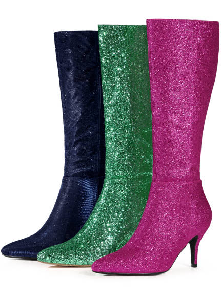 Allegra K - Glitter Stiletto Heel Knee High Boots