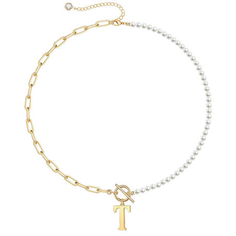 Rachel Glauber 14K Gold Plated Initial "T" Pearl Link Chain Necklace