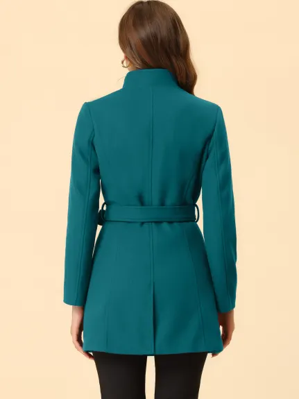 Allegra K- Classic Stand Collar Belted Long Coat