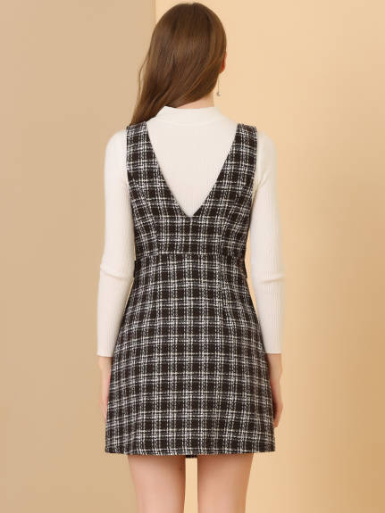 Allegra K - Elegant Button Plaid Tweed Overalls Skirt