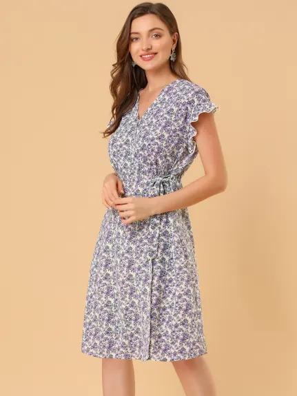 Allegra K- Floral Ruffle Sleeve Belted Midi Dress