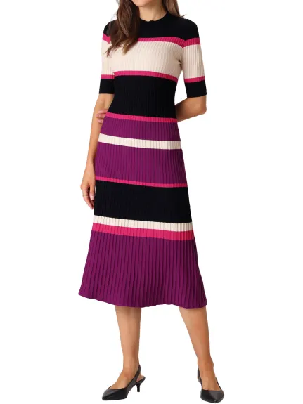 Hobemty- Short Sleeve Striped Knit A-Line Midi Dress