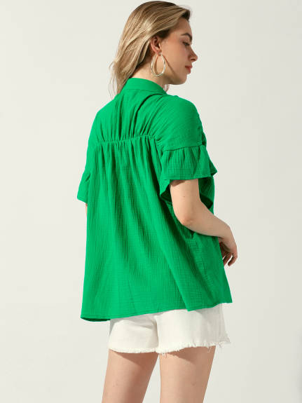 Allegra K - Button Up Textured Ruffle Sleeve Blouse