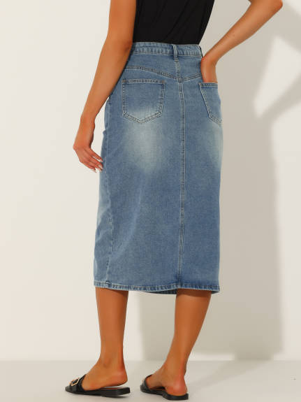 Allegra K- High Waist Slit Front Midi Denim Skirt