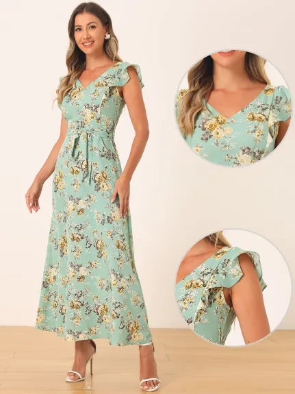 Allegra K - Summer Belted Floral Maxi Dress