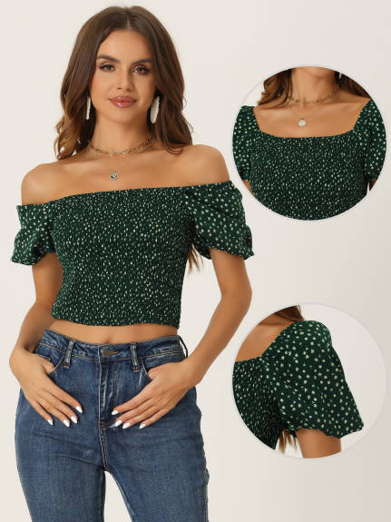 Allegra K- Smocked Puff Sleeve Crop Blouse