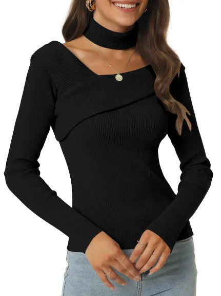 Allegra K- Long Sleeve V Neck Chocker Slim Fit Sweater Top