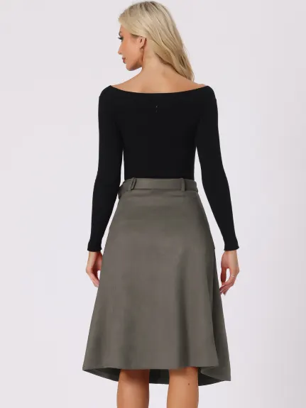 Allegra K- Faux Suede Pockets A-Line Midi Skirt