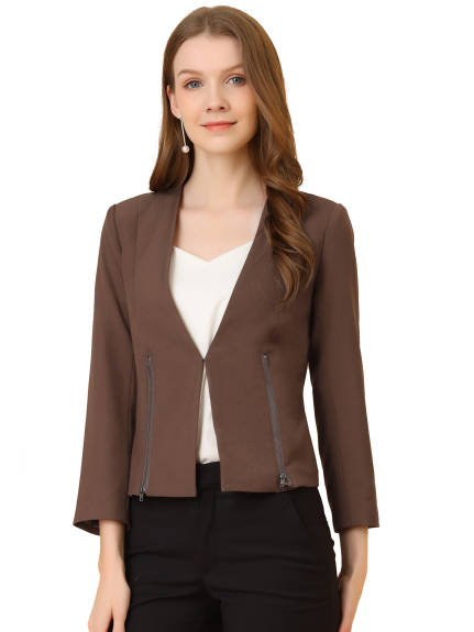 Allegra K- Open Front Zipper Collarless Cropped Blazer