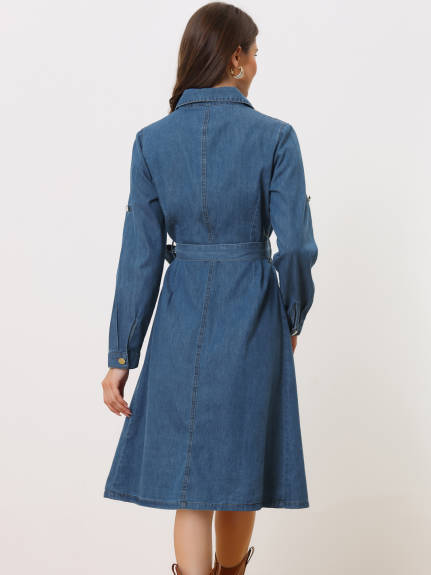 Allegra K - Long Sleeve Button Down Belted Denim Dress