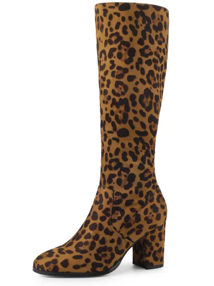 Allegra K- Round Toe Solid Chunky Heels Knee High Boots