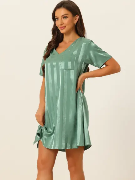 cheibear - Summer Striped Silky Satin Lounge Dress Nightshirt